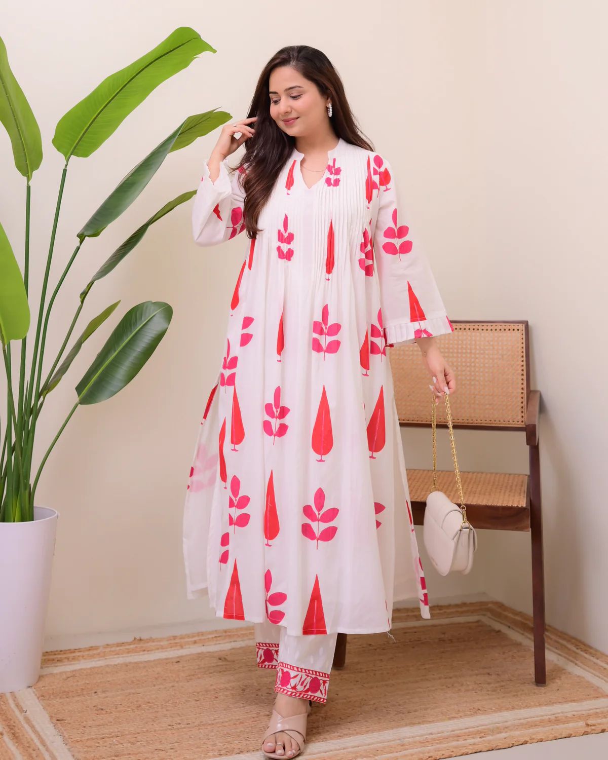 Off White & Coral Printed Soft Cotton Anarkali Kurta Set