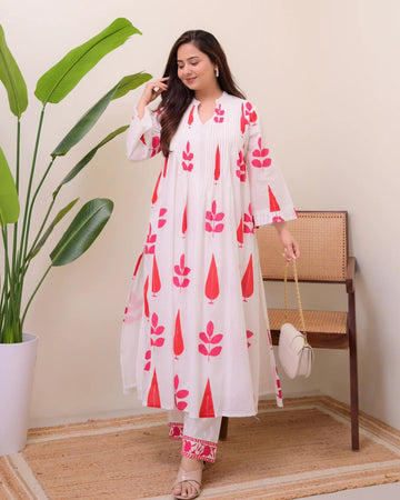 Off White & Coral Printed Soft Cotton Anarkali Kurta Set