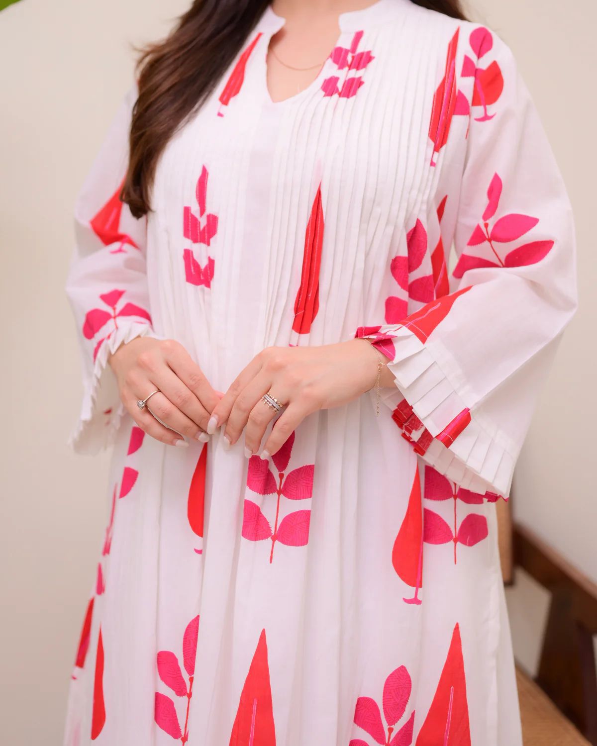 Off White & Coral Printed Soft Cotton Anarkali Kurta Set
