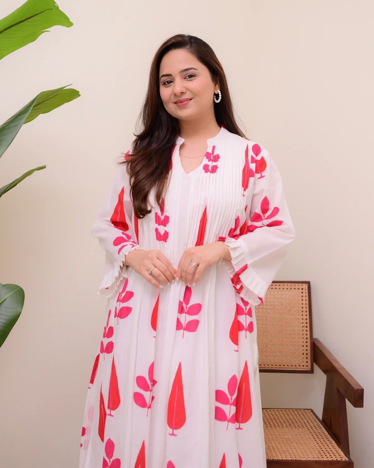 Off White & Coral Printed Soft Cotton Anarkali Kurta Set