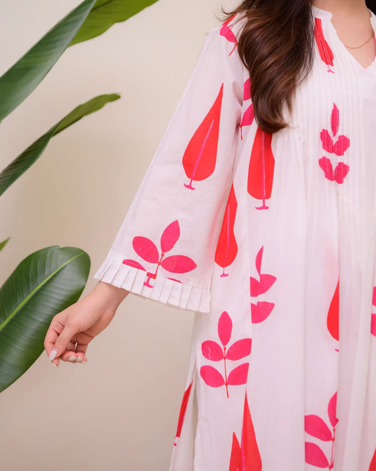 Off White & Coral Printed Soft Cotton Anarkali Kurta Set