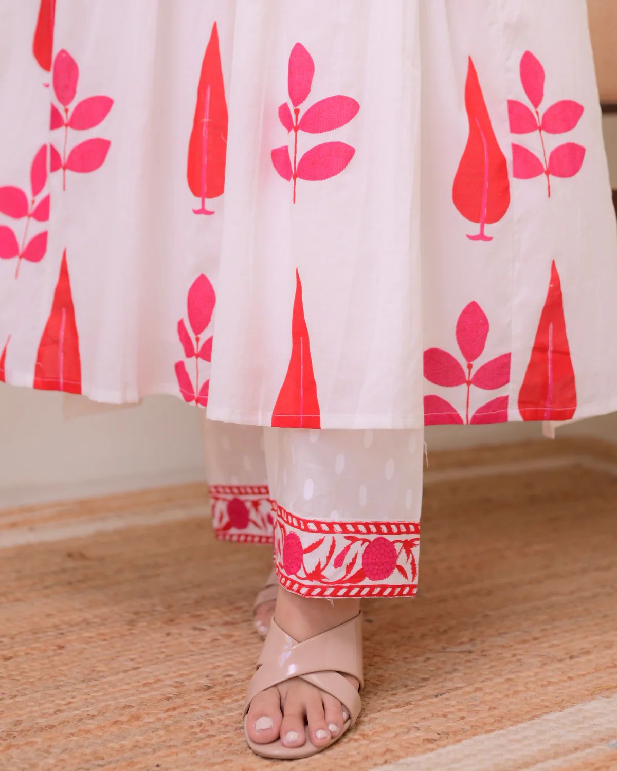 Off White & Coral Printed Soft Cotton Anarkali Kurta Set