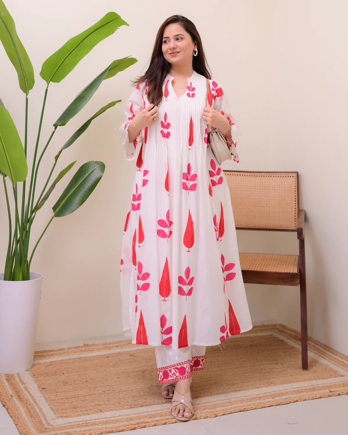 Off White & Coral Printed Soft Cotton Anarkali Kurta Set