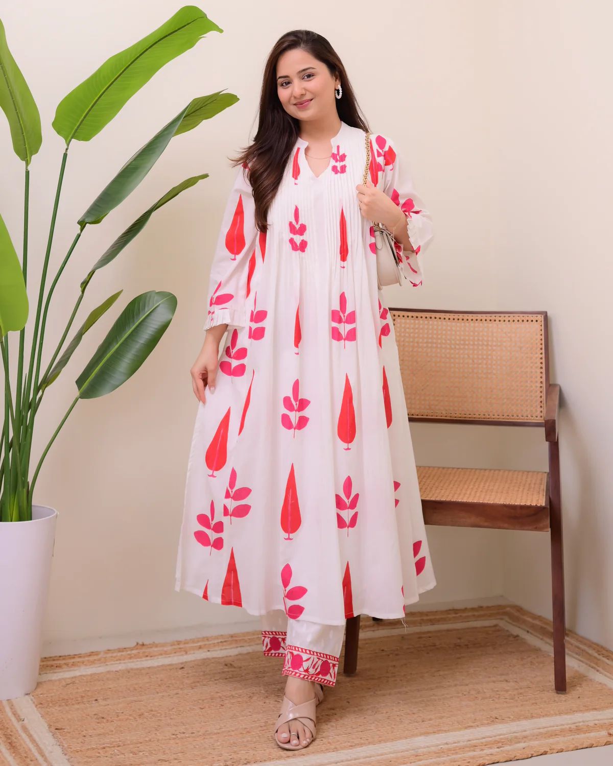 Off White & Coral Printed Soft Cotton Anarkali Kurta Set