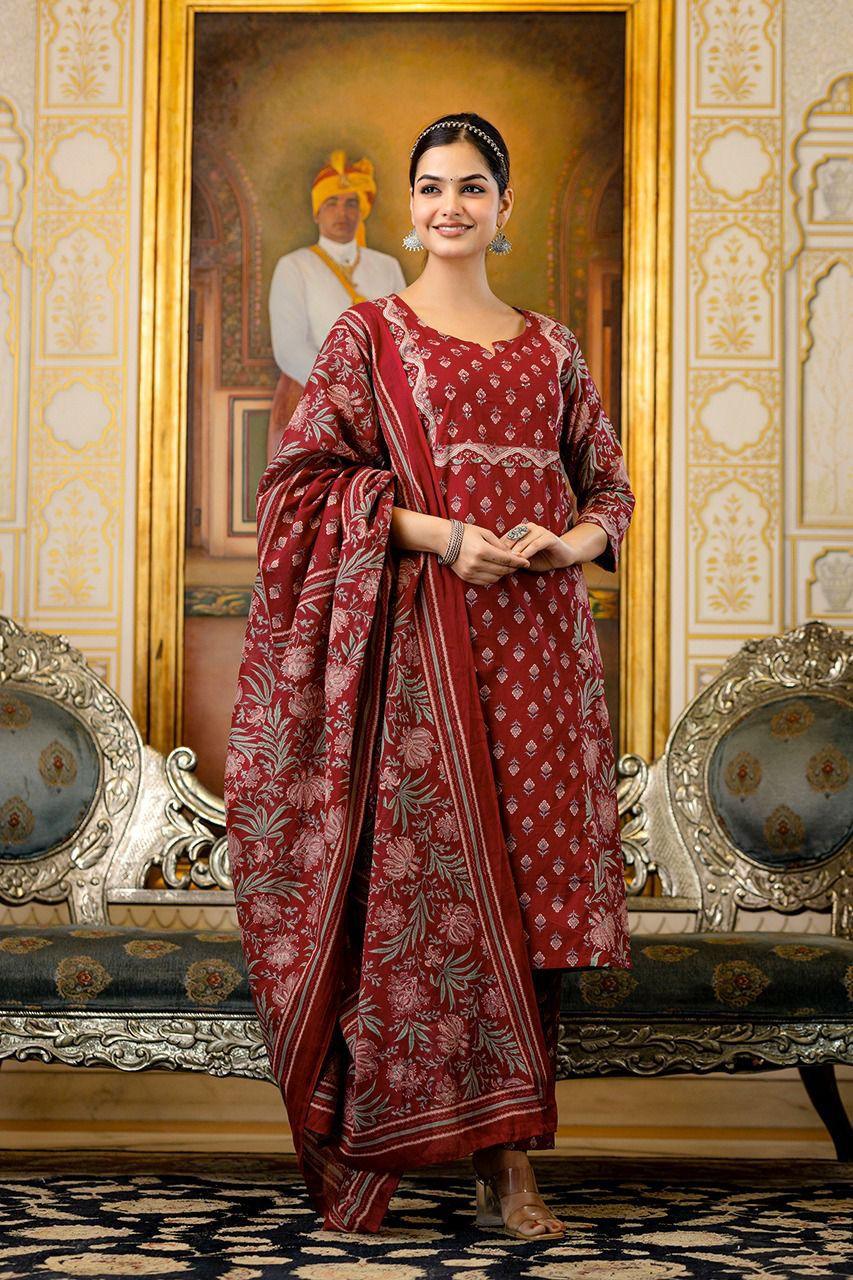 Maroon Handblock Printed Suit Set