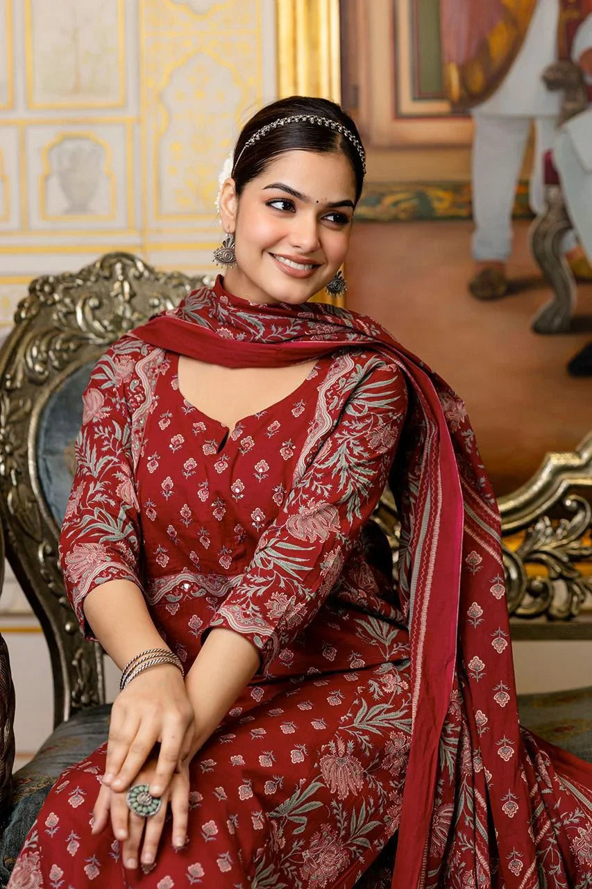 Maroon Handblock Printed Suit Set