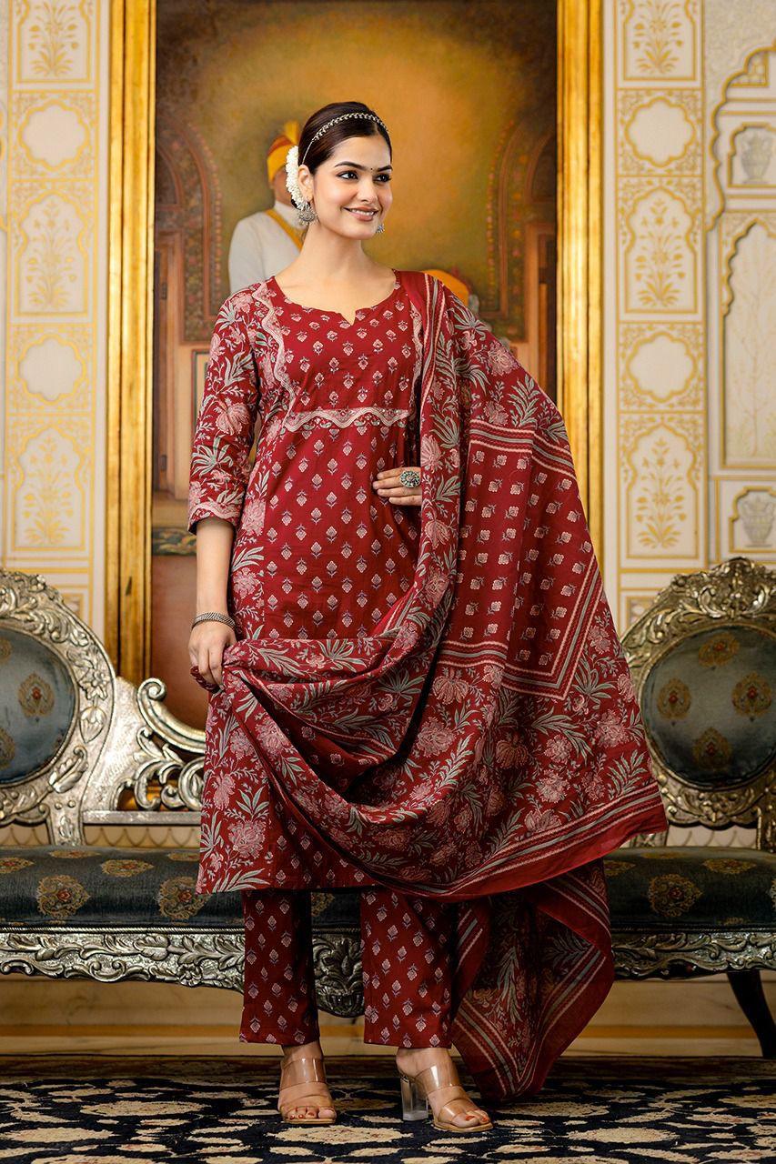 Maroon Handblock Printed Suit Set