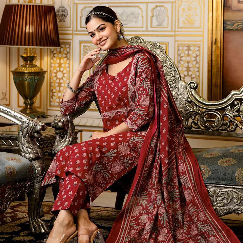 Maroon Handblock Printed Suit Set