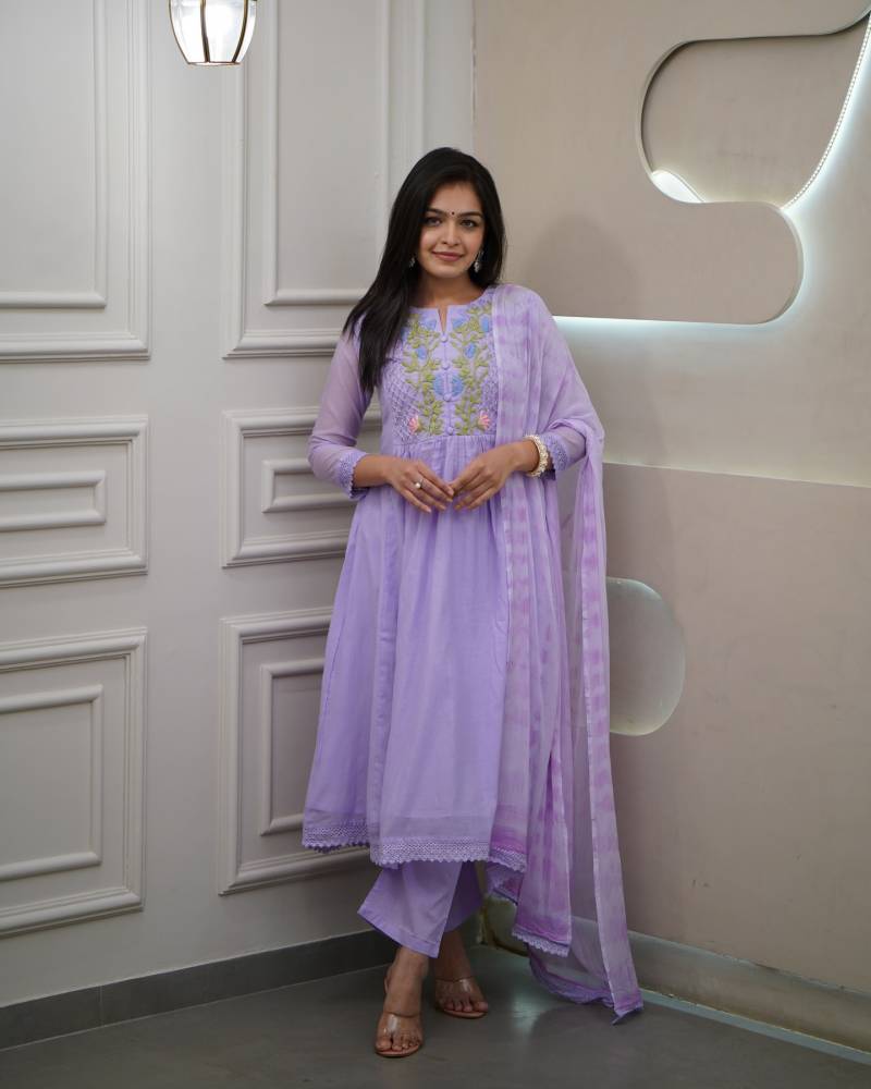 Lavender Embroidered Georgette Anarkali Suit Set