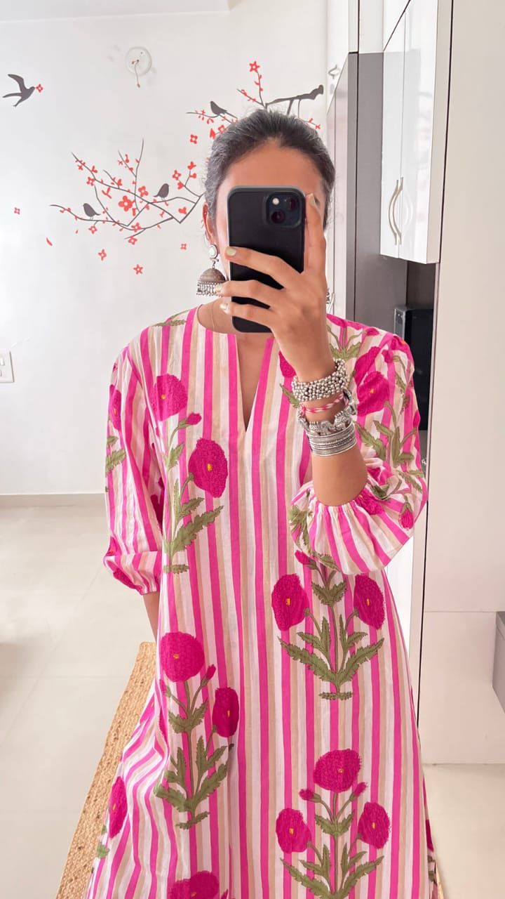 Pink Striped Floral Printed Cotton Kurta Set