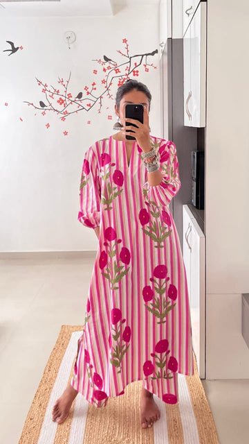 Pink Striped Floral Printed Cotton Kurta Set