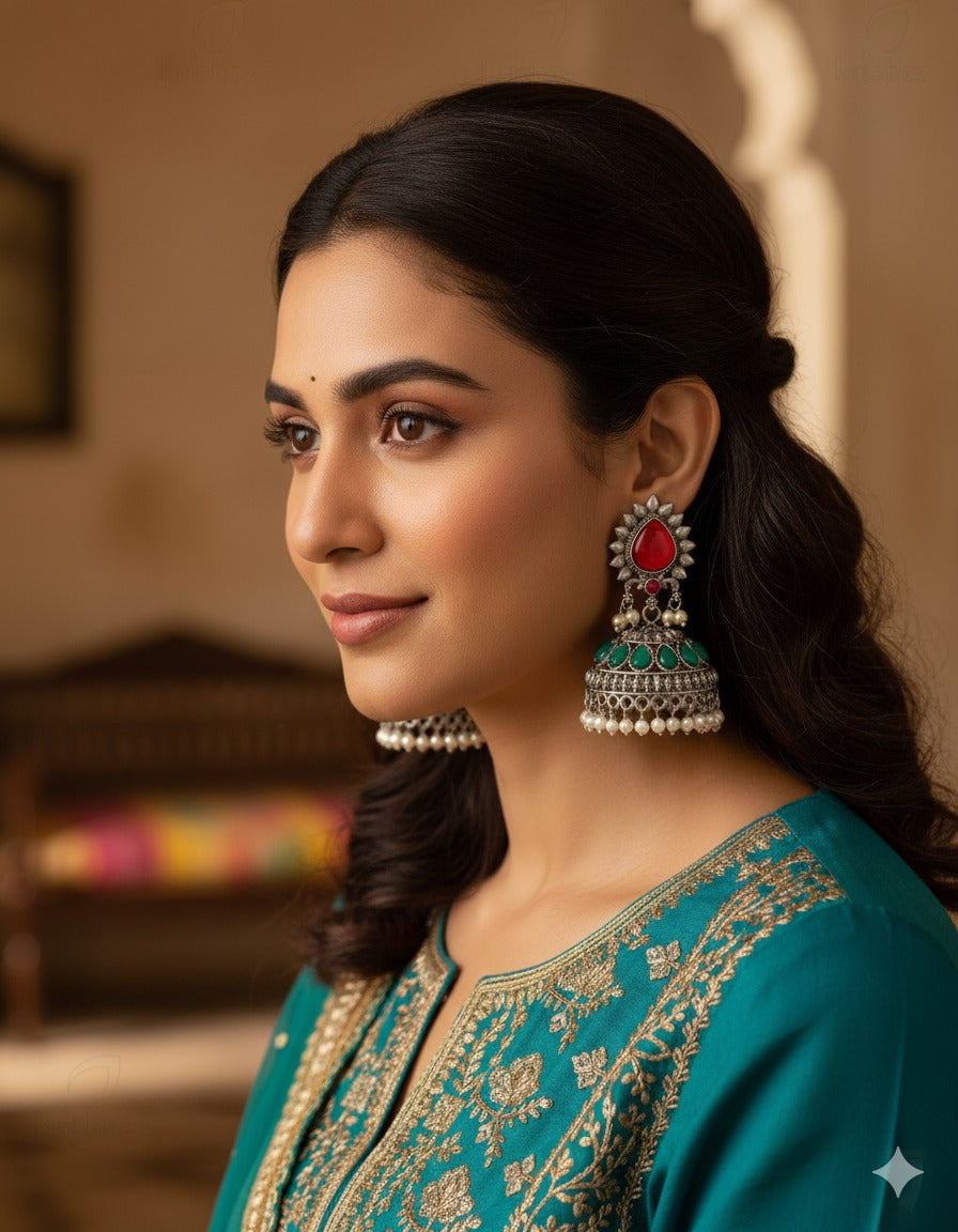 Heritage Pearl Drop Ruby Green Jhumka