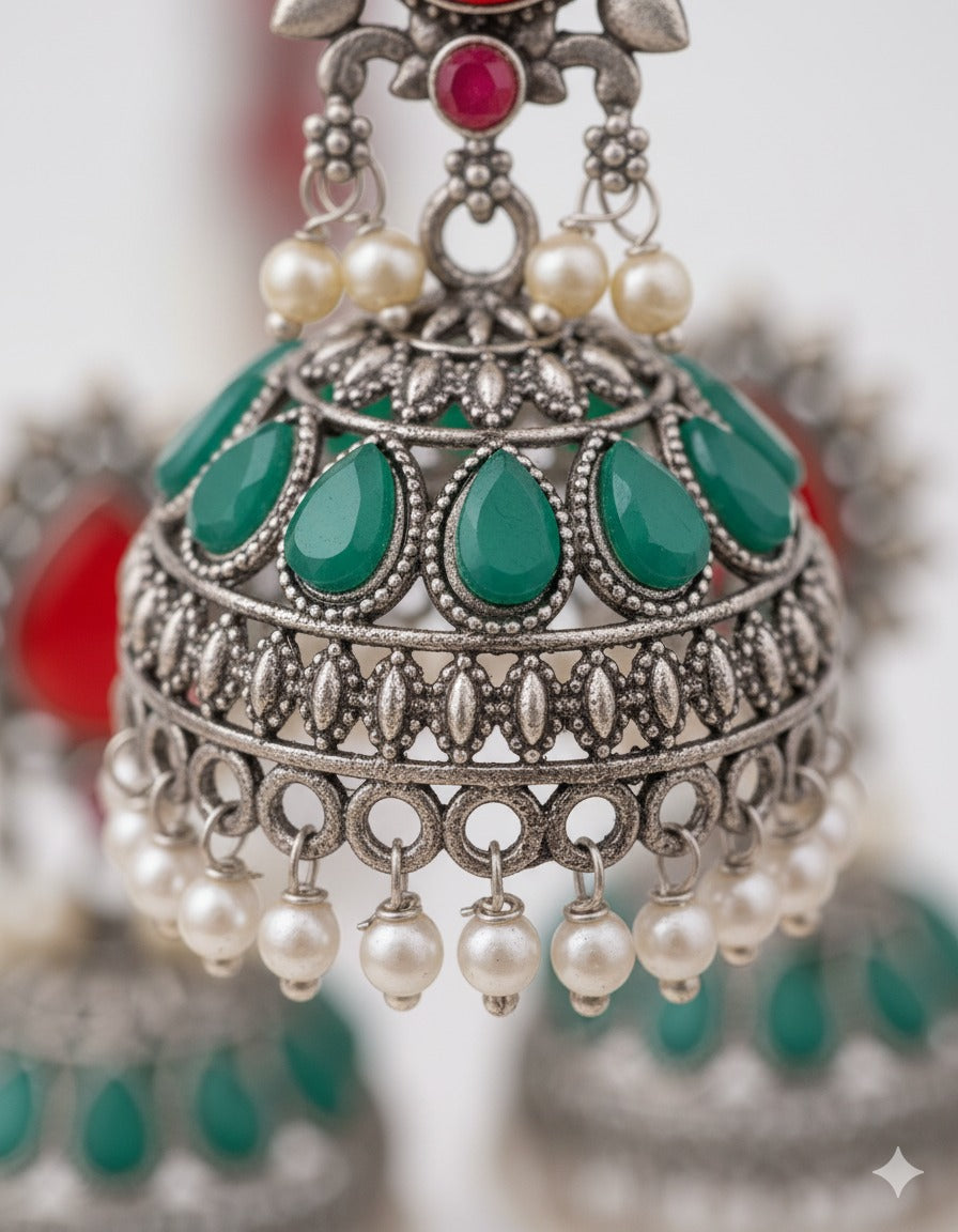 Heritage Pearl Drop Ruby Green Jhumka