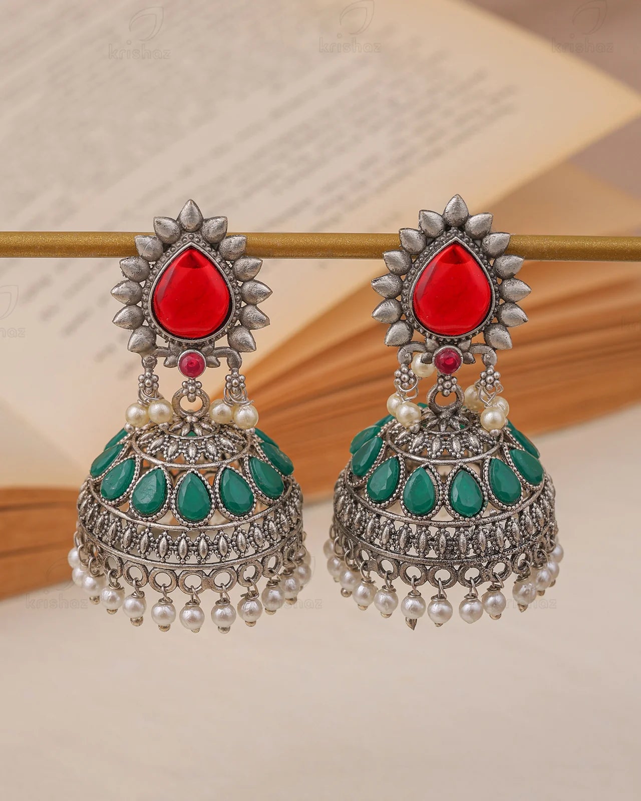 Heritage Pearl Drop Ruby Green Jhumka