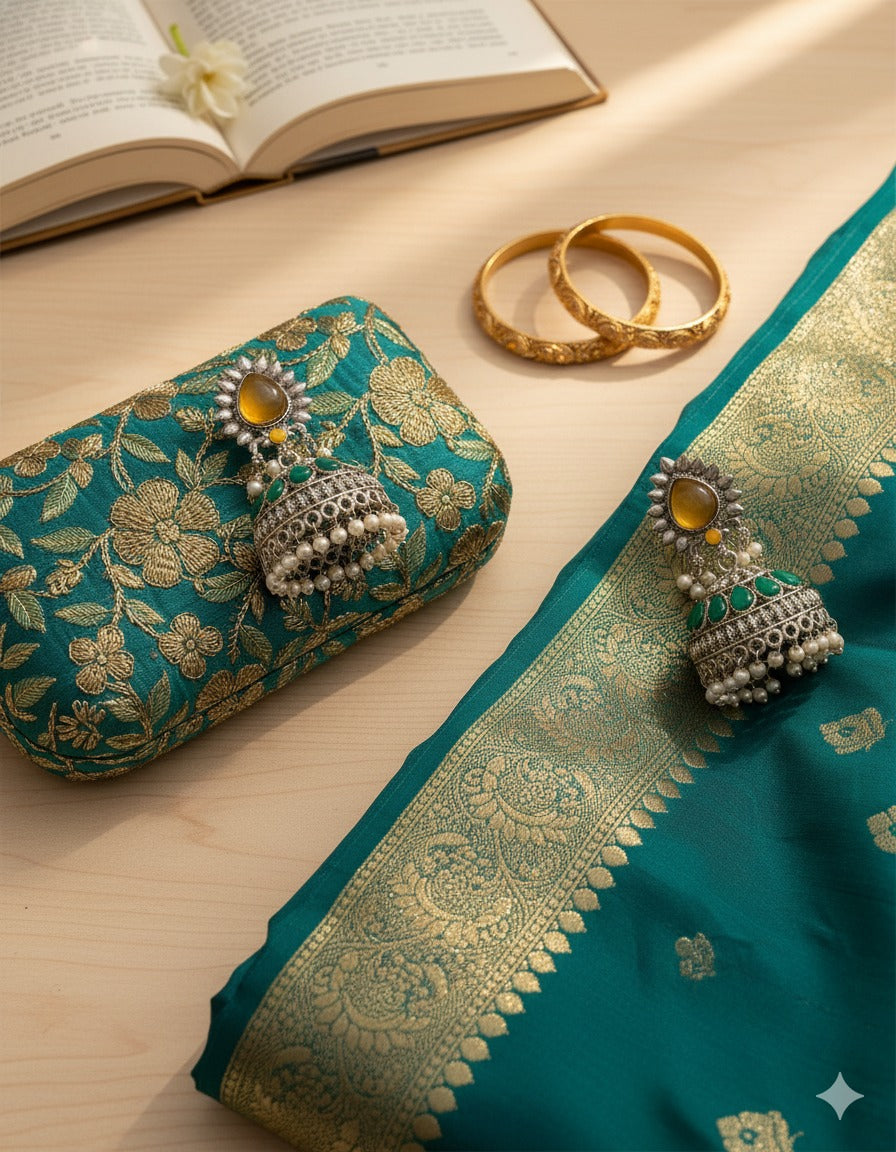 Vintage Mustard Teardrop Green Dome Jhumka