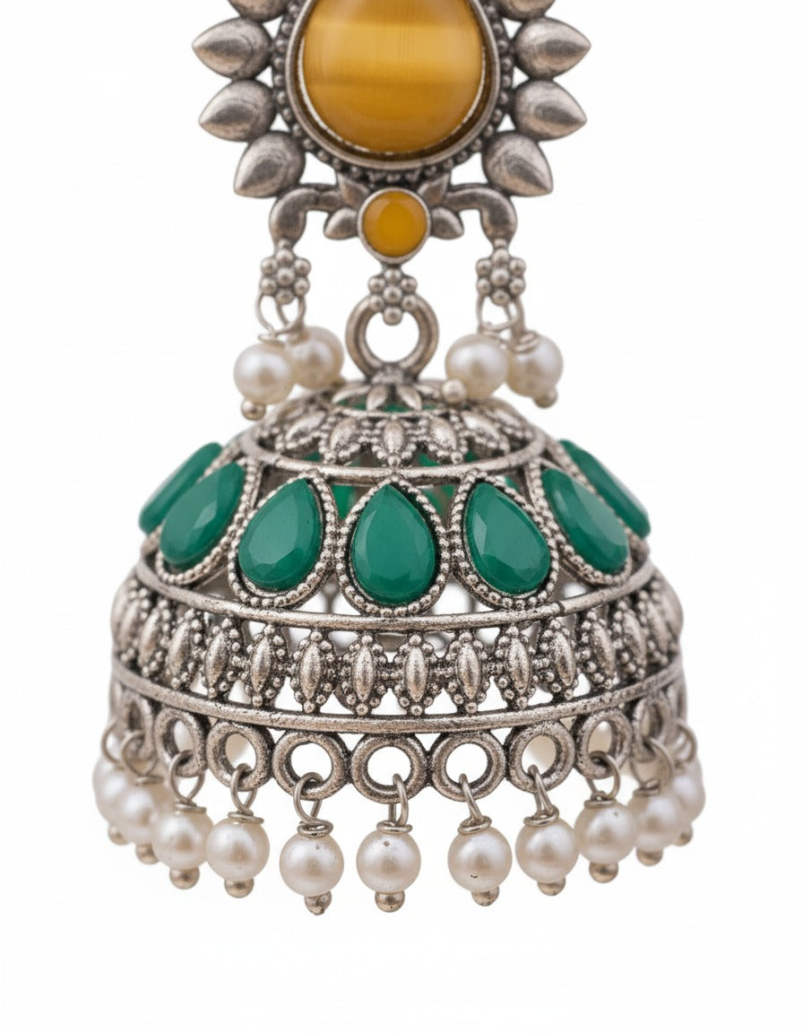 Vintage Mustard Teardrop Green Dome Jhumka