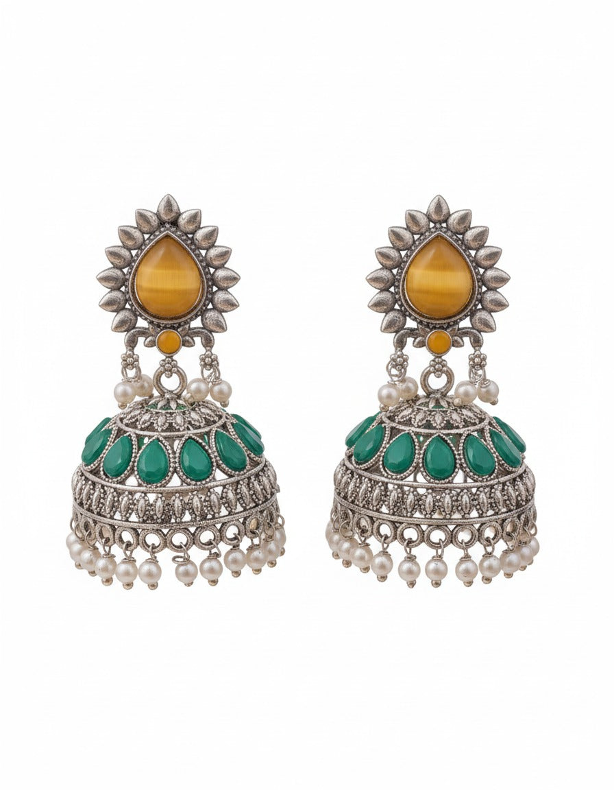 Vintage Mustard Teardrop Green Dome Jhumka