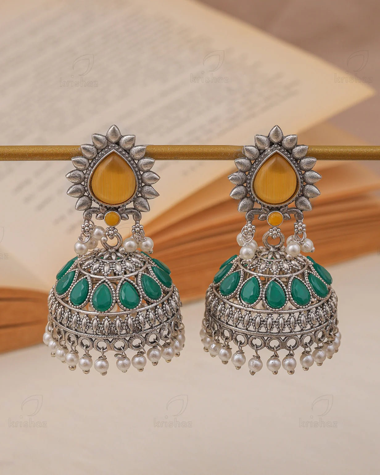 Vintage Mustard Teardrop Green Dome Jhumka
