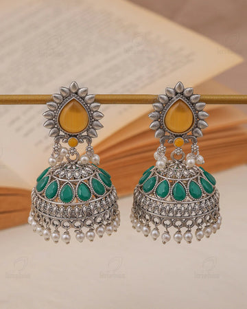 Vintage Mustard Teardrop Green Dome Jhumka