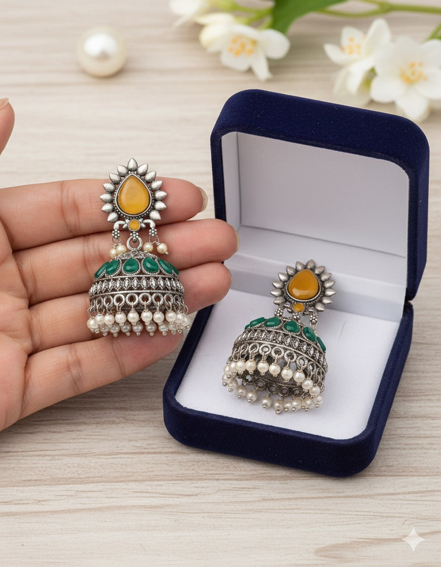 Vintage Mustard Teardrop Green Dome Jhumka