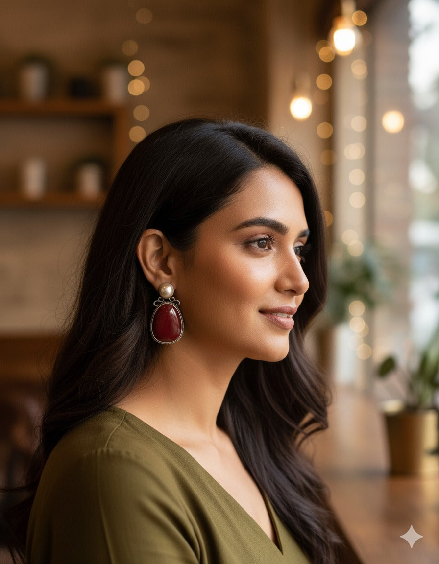 Vintage Charm Red Stone & Pearl Stud Earring