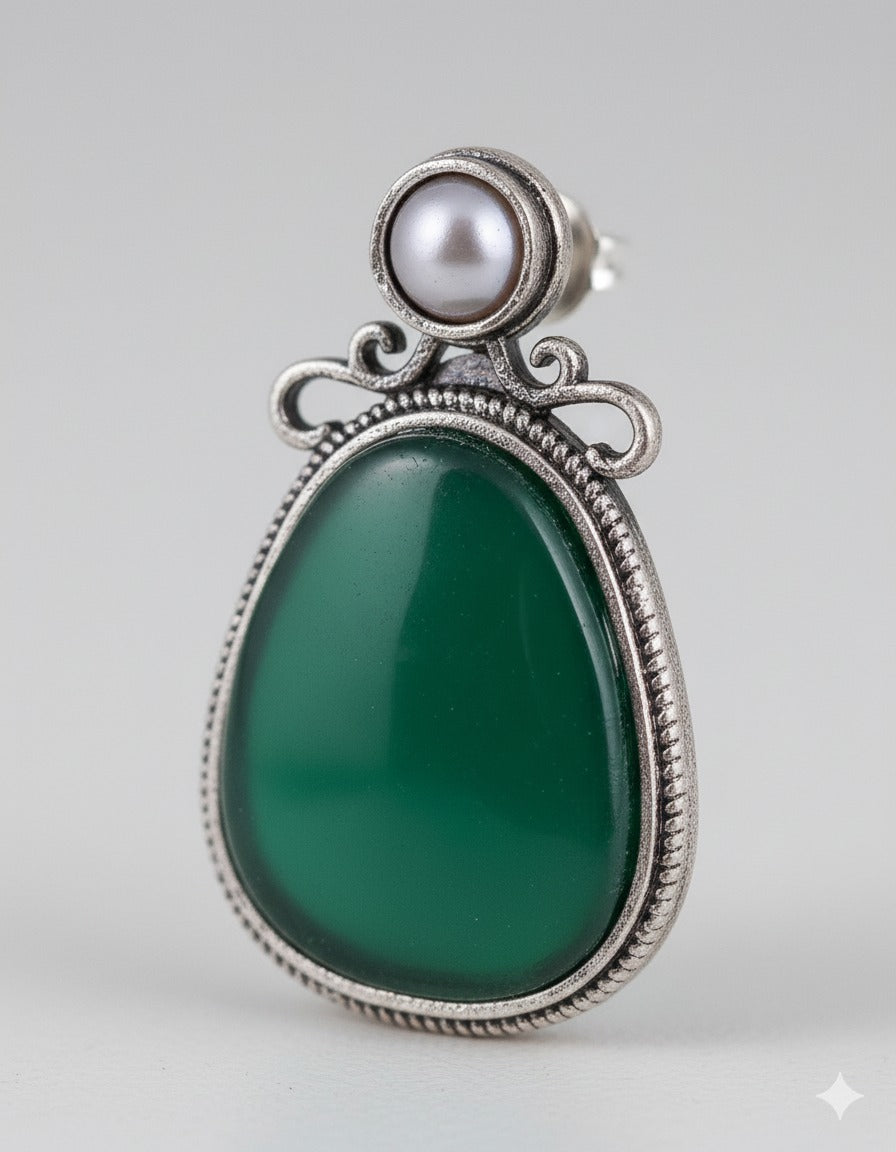 Oxidised Silver Green Stone Drop Earring