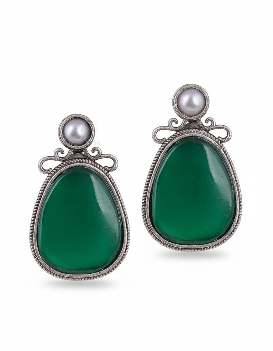 Oxidised Silver Green Stone Drop Earring