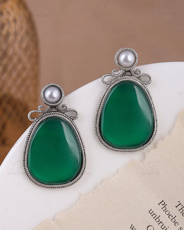 Oxidised Silver Green Stone Drop Earring