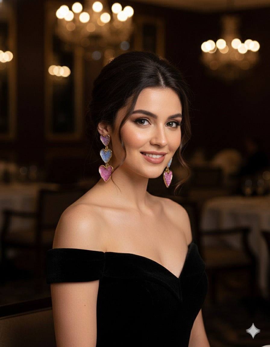 Triple Heart Enamel Drop Earring