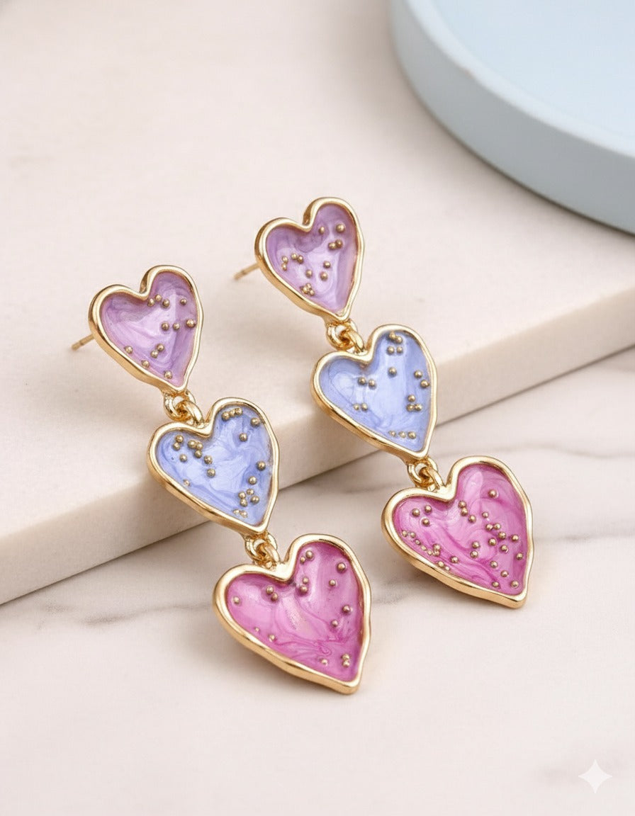 Triple Heart Enamel Drop Earring