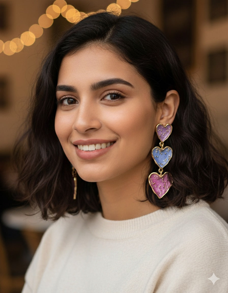 Triple Heart Enamel Drop Earring