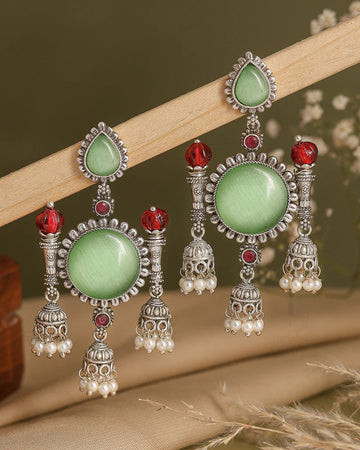 Antique Silver Green Stone & Red Bead Jhumka Earrings with Pearl Drops