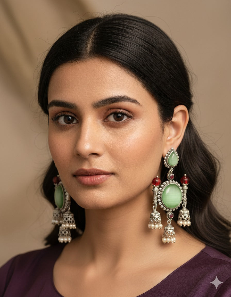 Antique Silver Green Stone & Red Bead Jhumka Earrings with Pearl Drops