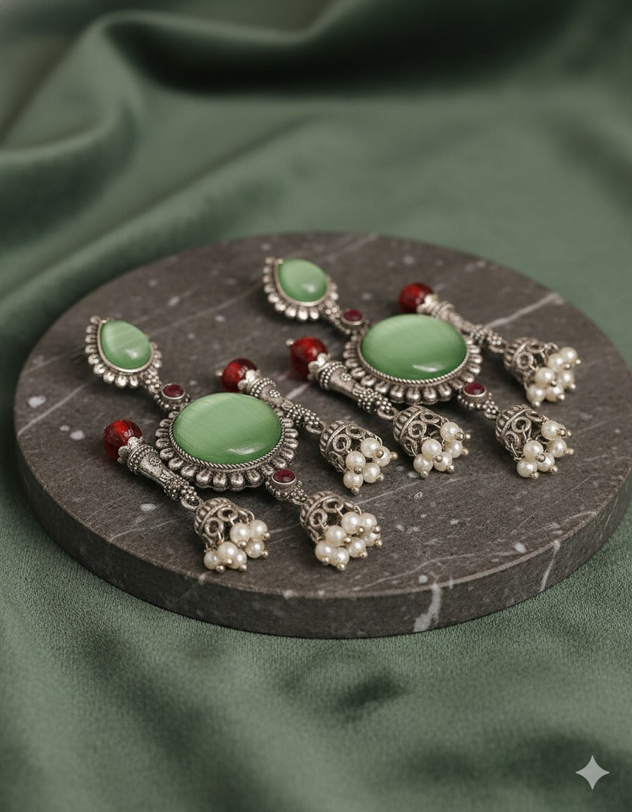 Antique Silver Green Stone & Red Bead Jhumka Earrings with Pearl Drops