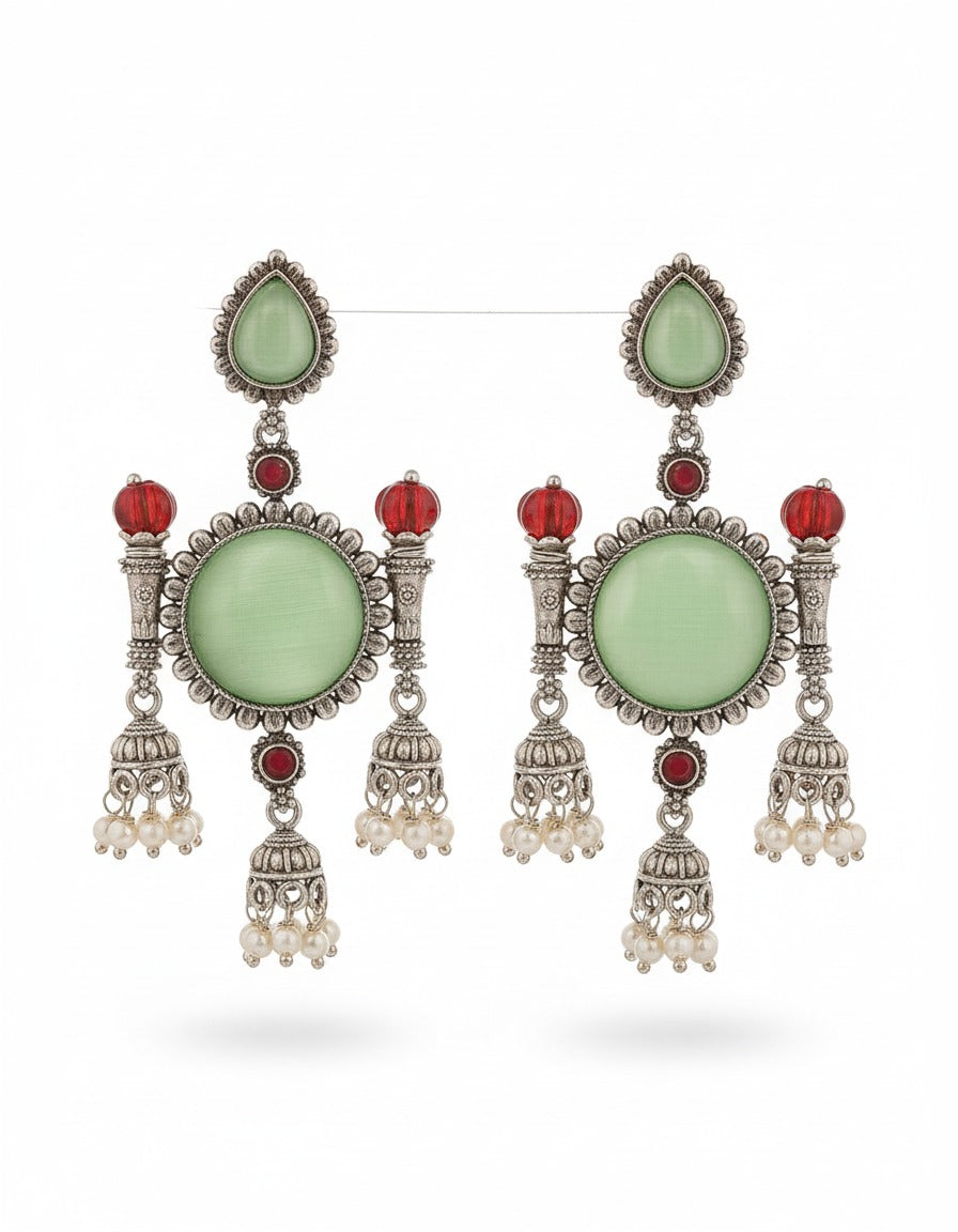 Antique Silver Green Stone & Red Bead Jhumka Earrings with Pearl Drops
