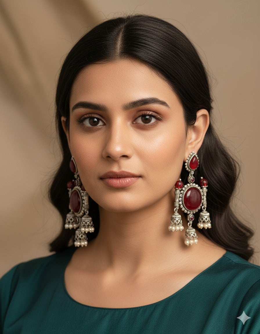 Antique Silver-Plated Red Stone Jhumka Earrings with Pearl Droplets