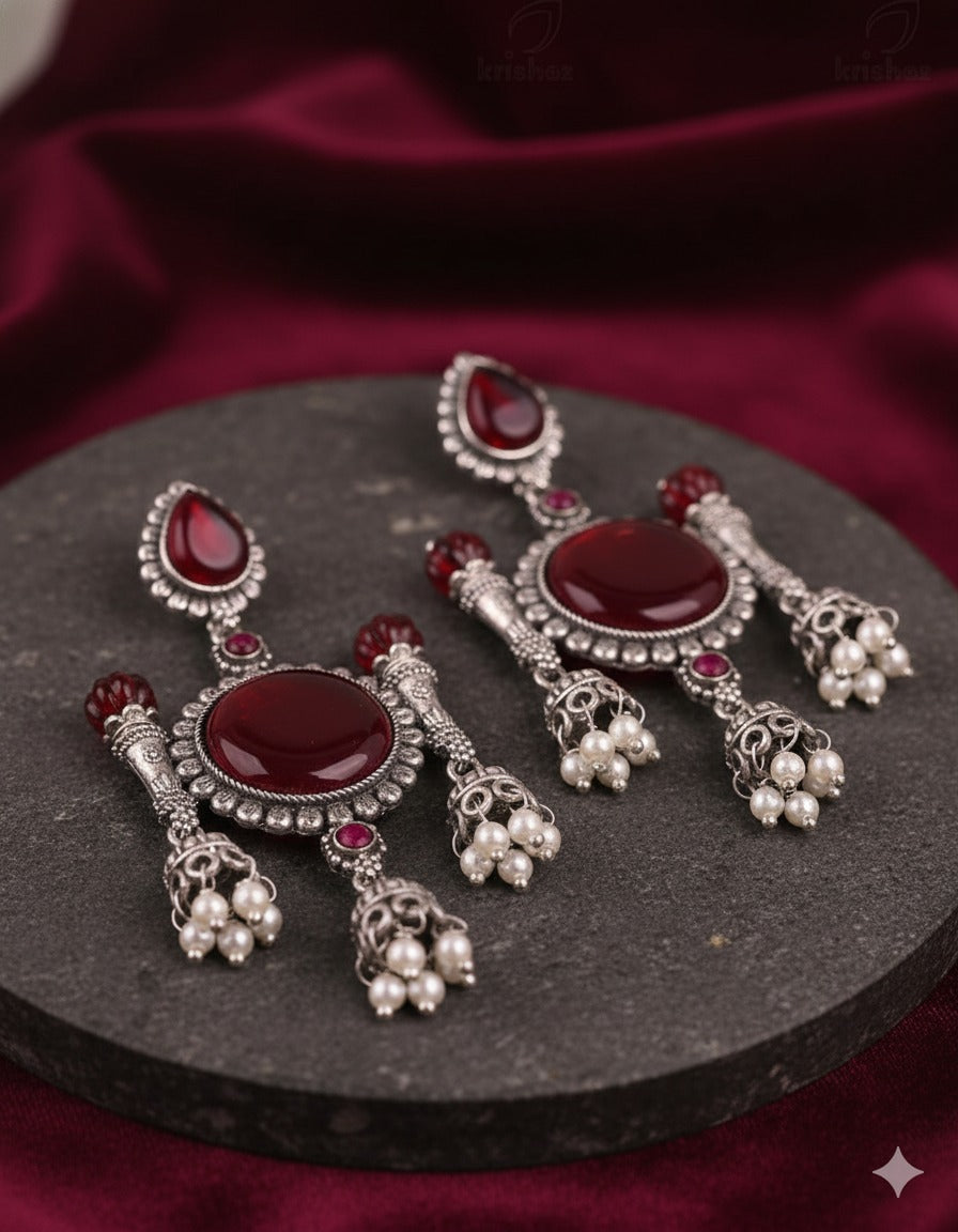 Antique Silver-Plated Red Stone Jhumka Earrings with Pearl Droplets