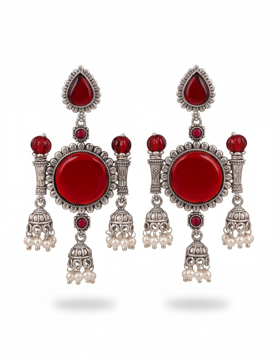 Antique Silver-Plated Red Stone Jhumka Earrings with Pearl Droplets