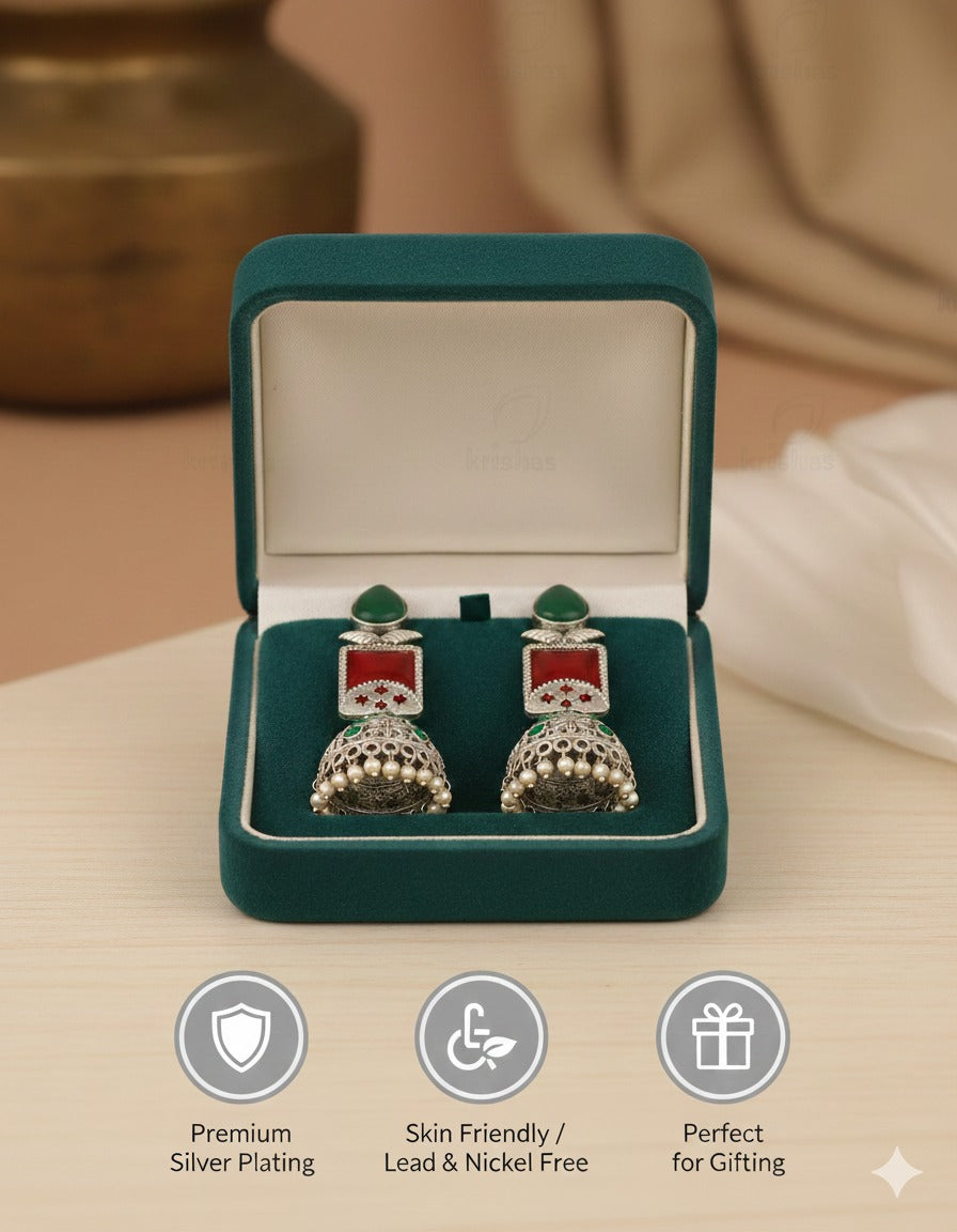 Green & Red Antique Silver Jhumka Earring