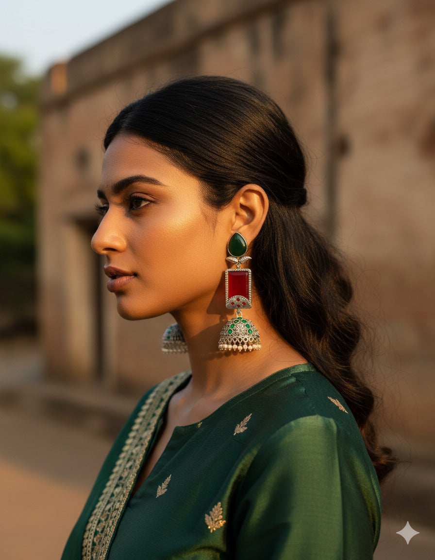 Green & Red Antique Silver Jhumka Earring