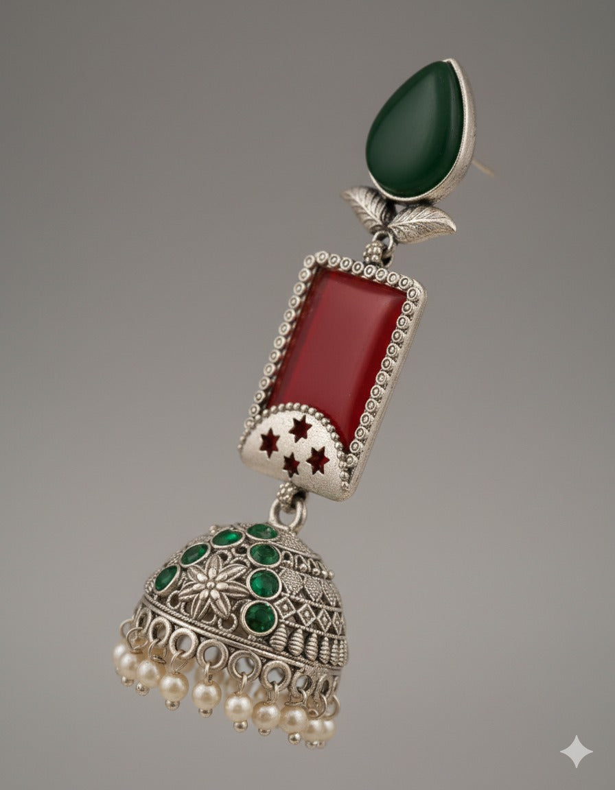 Green & Red Antique Silver Jhumka Earring