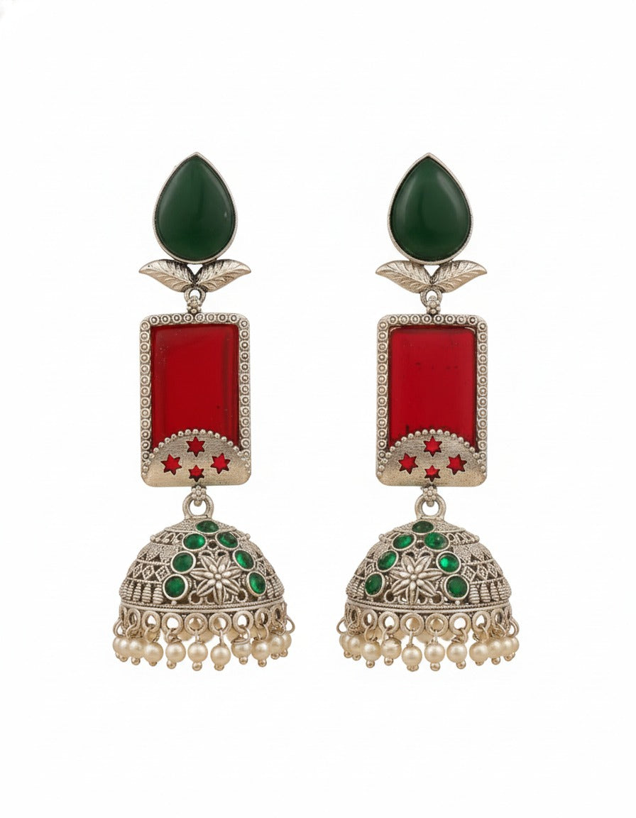 Green & Red Antique Silver Jhumka Earring