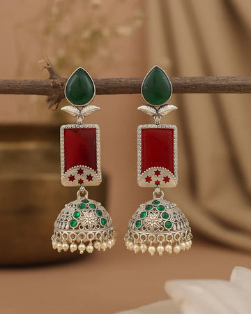 Green & Red Antique Silver Jhumka Earring