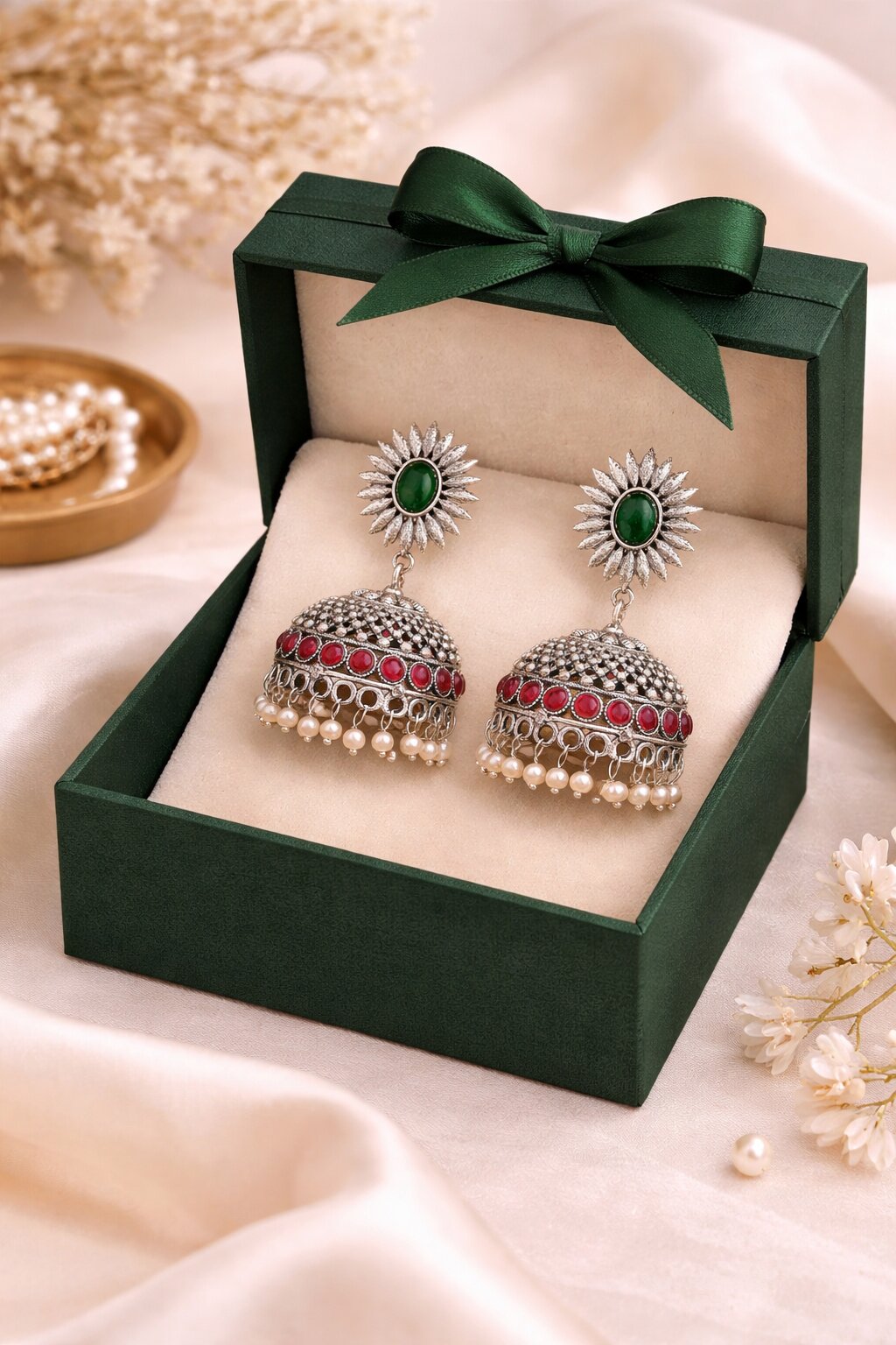 Emerald Bloom Oxidised Jhumka Earring