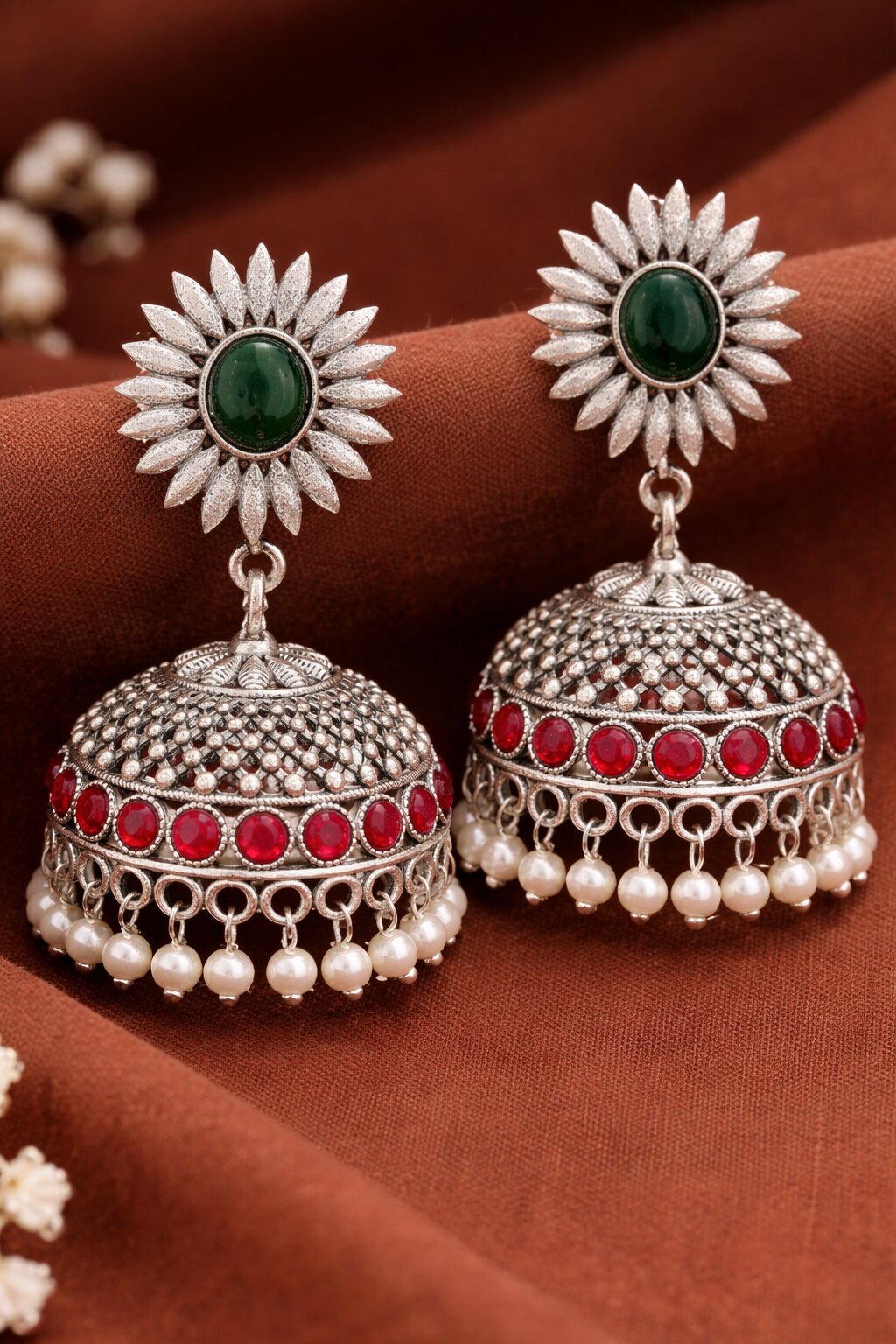Emerald Bloom Oxidised Jhumka Earring