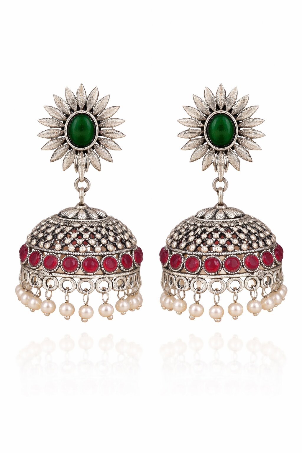 Emerald Bloom Oxidised Jhumka Earring