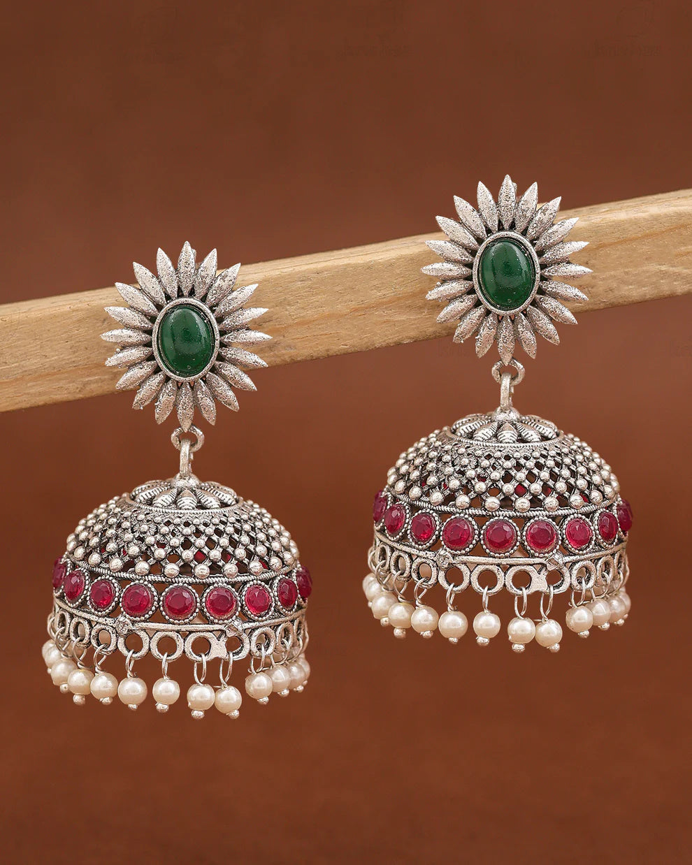 Emerald Bloom Oxidised Jhumka Earring