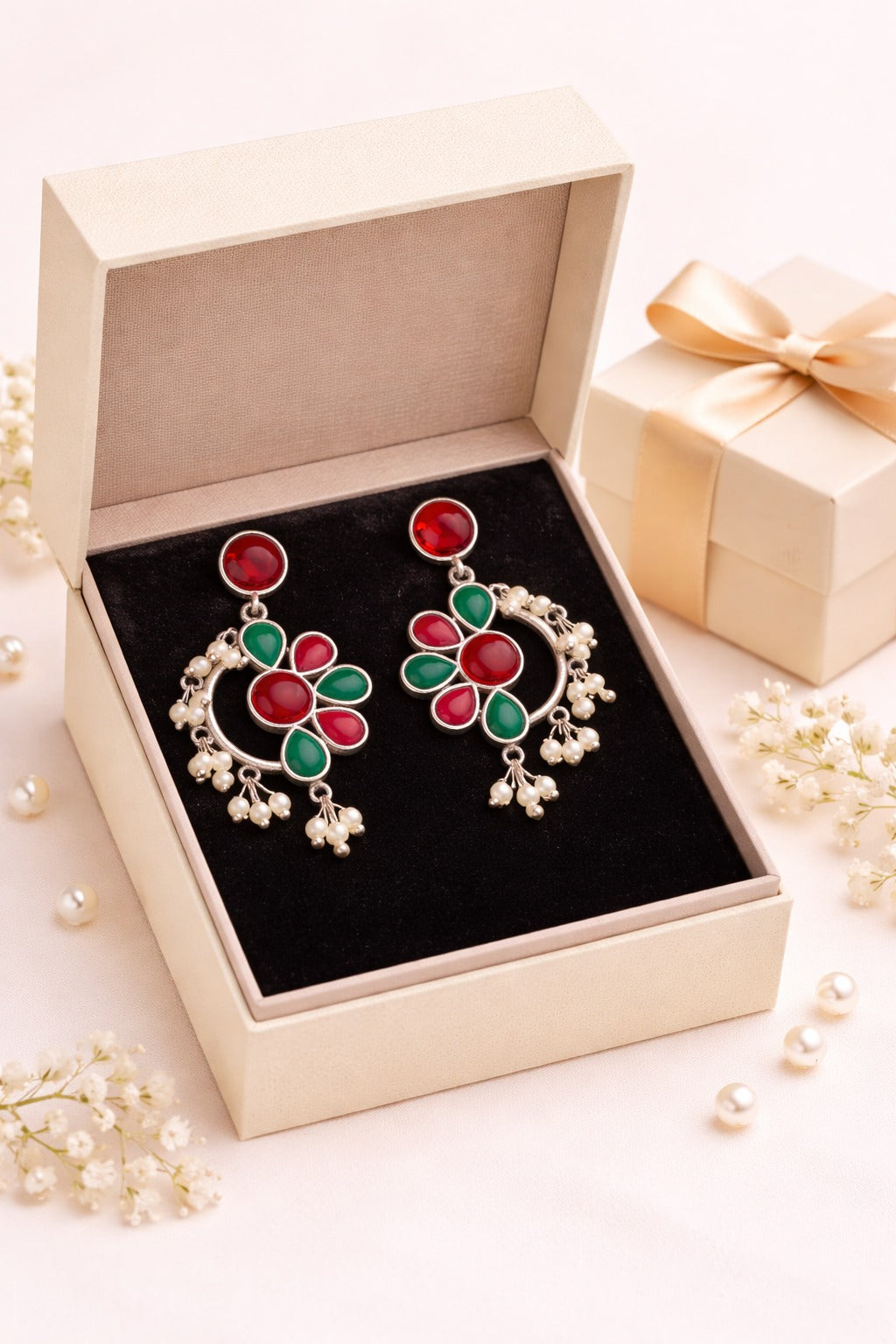 Vintage Floral Red & Green Stone Drop Earrings with Pearl Dangles