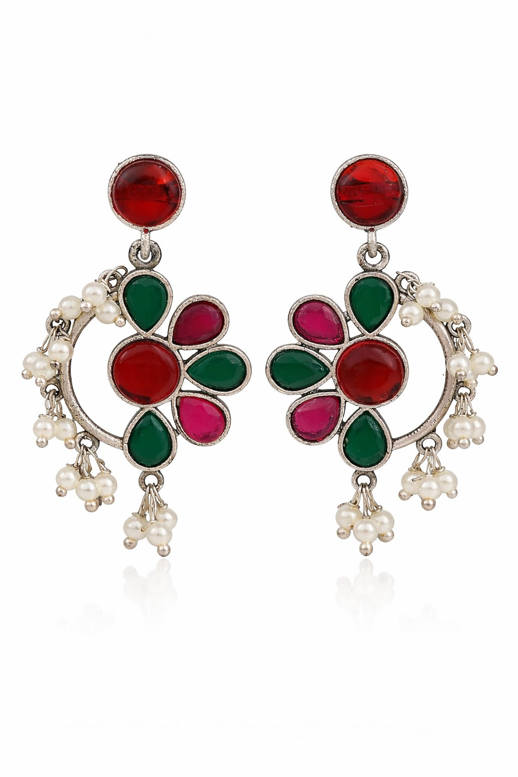 Vintage Floral Red & Green Stone Drop Earrings with Pearl Dangles