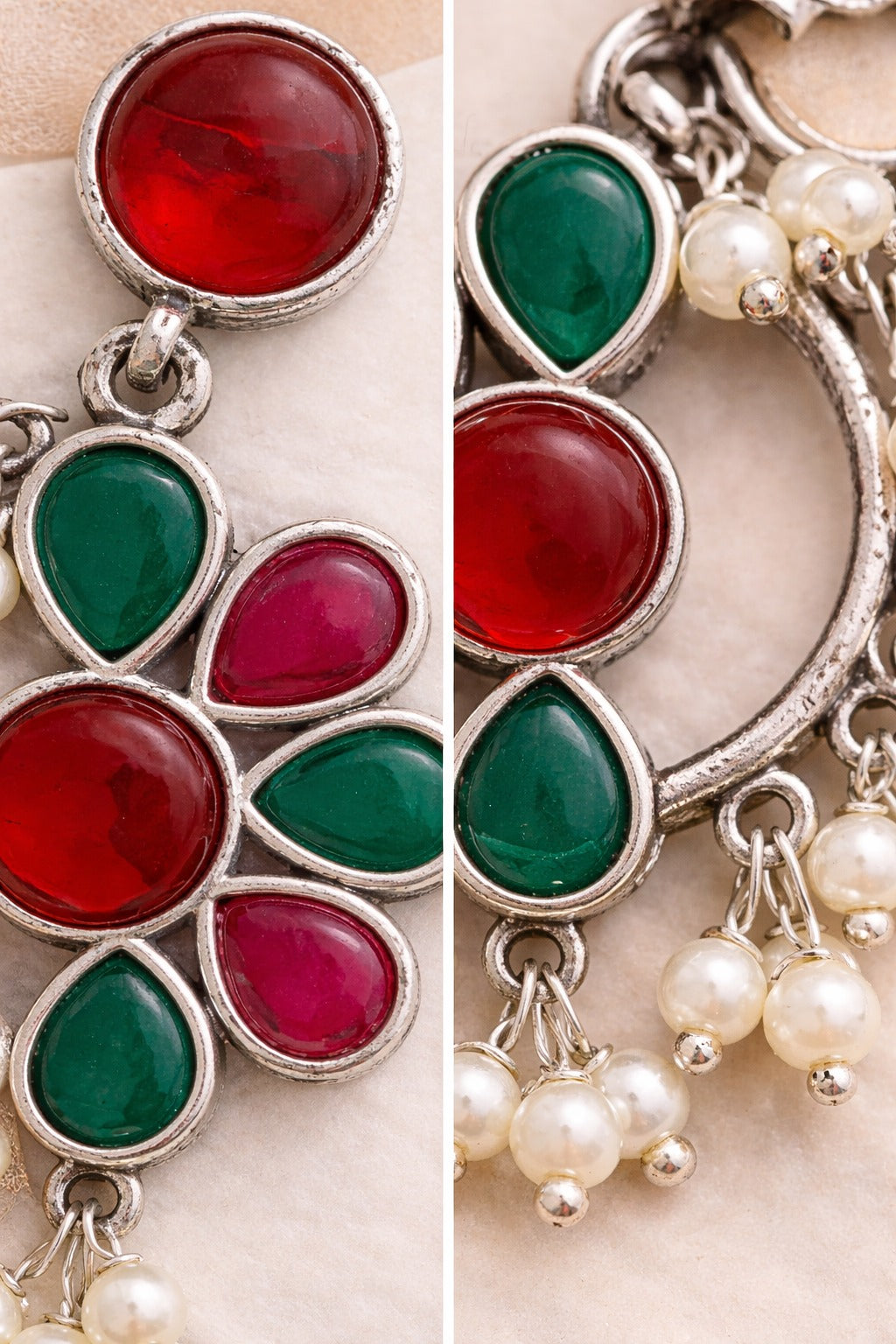 Vintage Floral Red & Green Stone Drop Earrings with Pearl Dangles